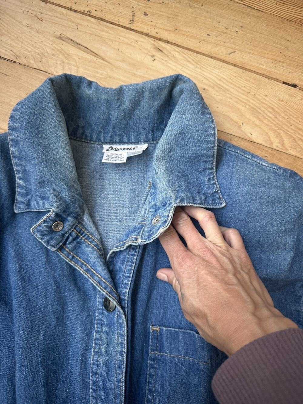 Vintage Dreams 80s 90s denim dress snap up elastic waist. Shoulder Pads Aline.